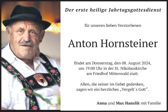 Todesanzeige von Anton Hornsteiner von merkurtz