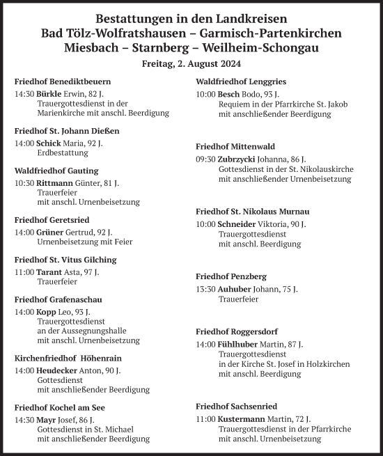 Todesanzeige von Bestattungen vom 02.08.2024 von merkurtz
