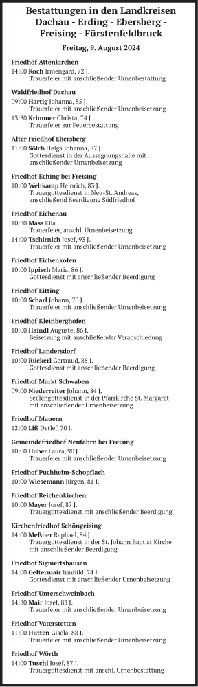 Todesanzeige von Bestattungen vom 09.08.2024 von merkurtz