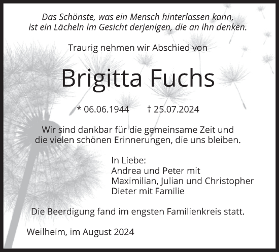Todesanzeige von Brigitta Fuchs von merkurtz