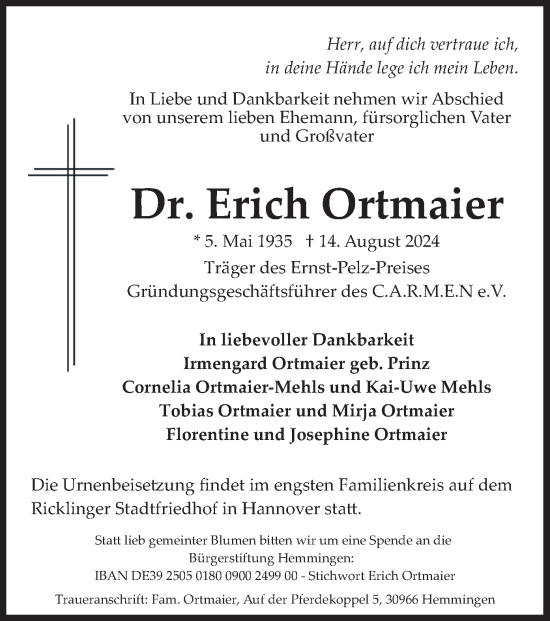 Todesanzeige von Erich Ortmaier von merkurtz