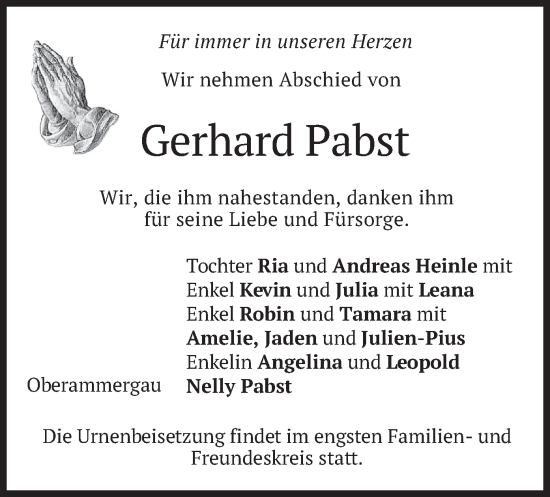 Todesanzeige von Gerhard Pabst von merkurtz