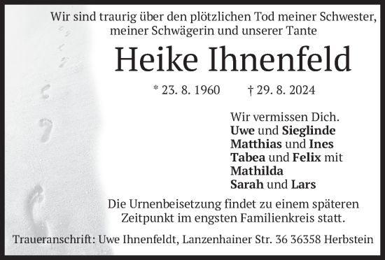Todesanzeige von Heike Ihnenfeld von merkurtz