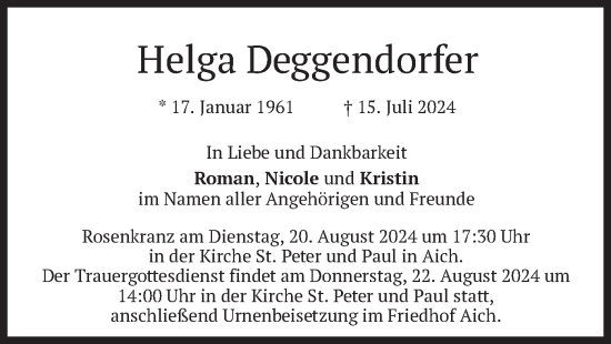 Todesanzeige von Helga Deggendorfer von merkurtz