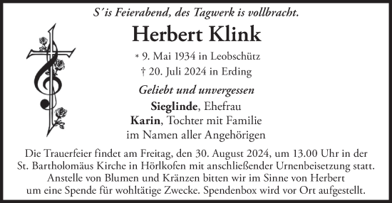 Todesanzeige von Herbert Klink von merkurtz