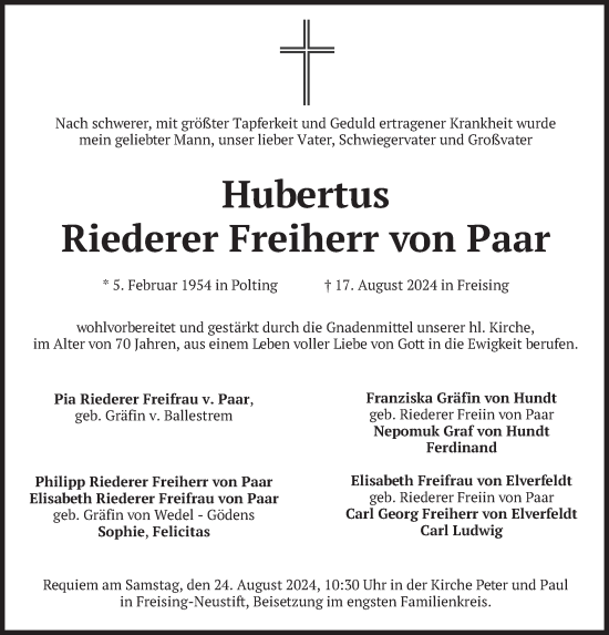 Todesanzeige von Hubertus Riederer Freiherr von Paar von merkurtz