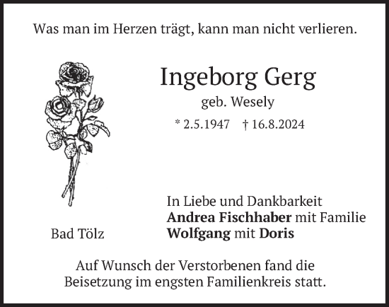 Todesanzeige von Ingeborg Gerg von merkurtz