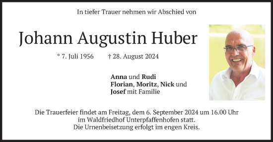 Todesanzeige von Johann Augustin Huber von merkurtz