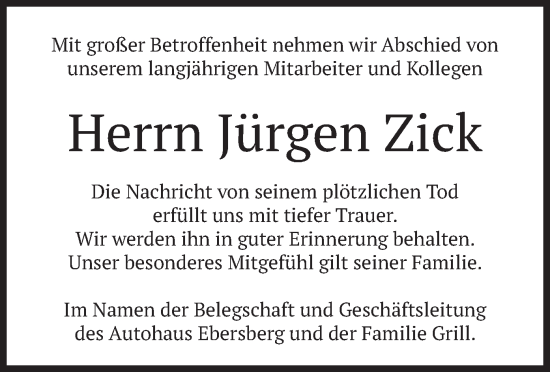 Todesanzeige von Jürgen Zick von merkurtz