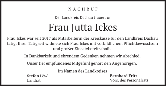 Todesanzeige von Jutta Ickes von merkurtz