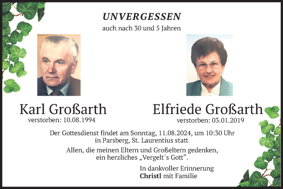 Todesanzeige von Karl und Elfriede Großarth von merkurtz