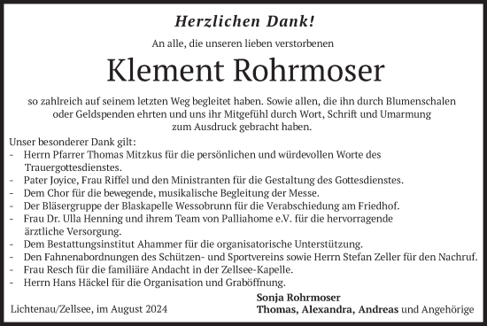 Todesanzeige von Klement Rohrmoser von merkurtz