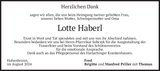 Todesanzeige von Lotte Haberl von merkurtz