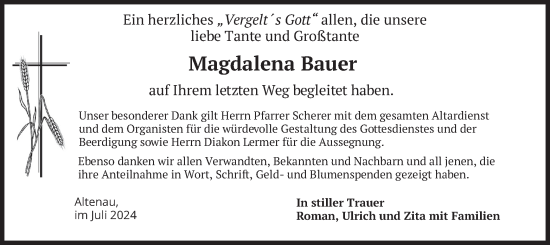 Todesanzeige von Magdalena Bauer von merkurtz