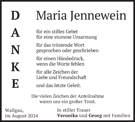 Todesanzeige von Maria Jennewein von merkurtz