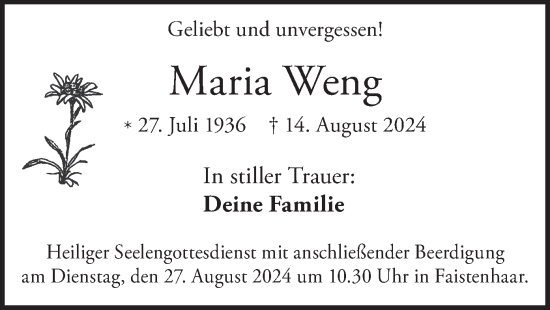 Todesanzeige von Maria Weng von merkurtz