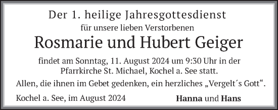 Todesanzeige von Rosmarie und Hubert Geiger von merkurtz