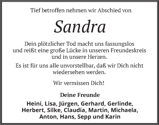 Todesanzeige von Sandra  von merkurtz