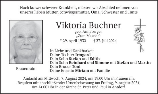 Todesanzeige von Viktoria Buchner von merkurtz
