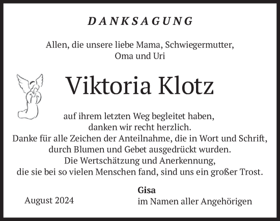Todesanzeige von Viktoria Klotz von merkurtz