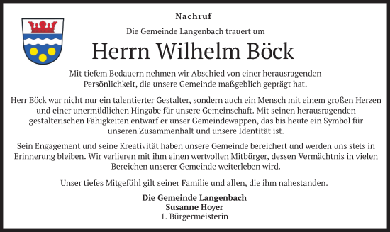 Todesanzeige von Wilhelm Böck von merkurtz