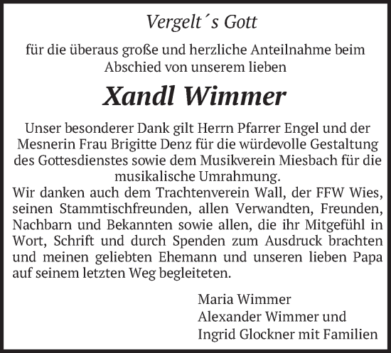 Todesanzeige von Xandl Wimmer von merkurtz