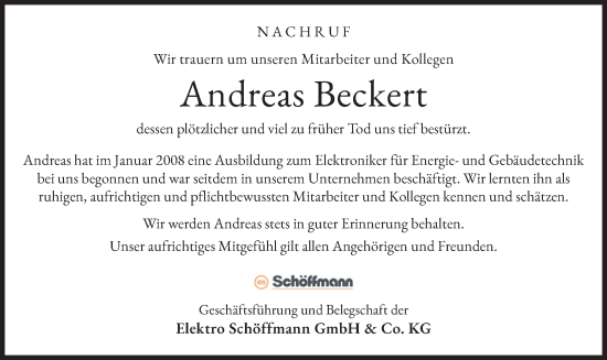 Todesanzeige von Andreas Beckert von merkurtz
