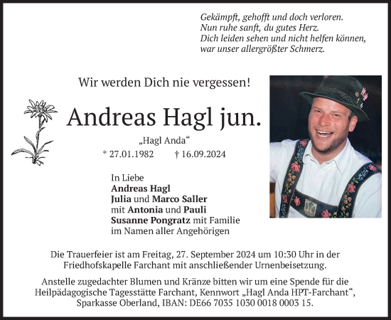 Todesanzeige von Andreas Hagl von merkurtz