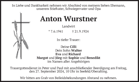 Todesanzeige von Anton Wurstner von merkurtz