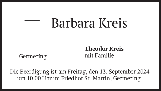 Todesanzeige von Barbara Kreis von merkurtz