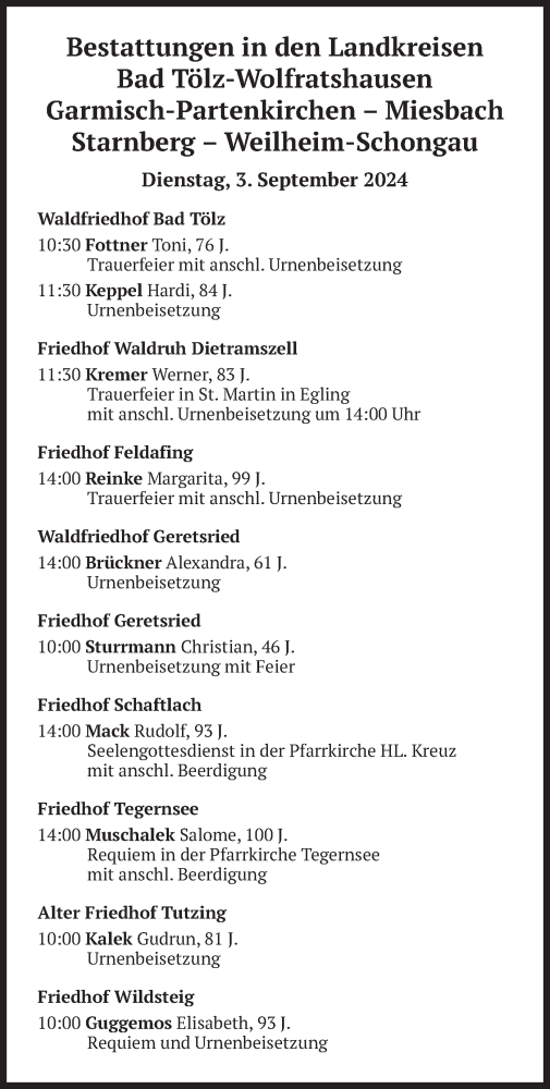 Todesanzeige von Bestattungen vom 03.09.2024 von merkurtz