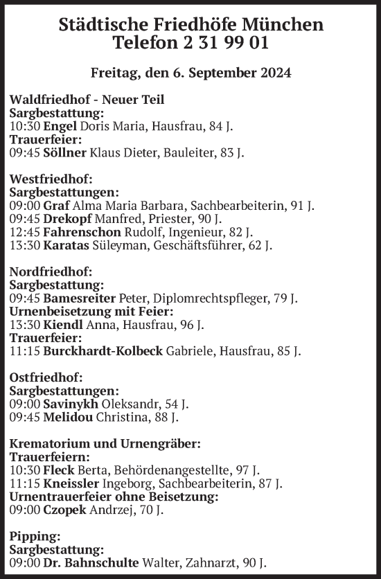 Todesanzeige von Bestattungen vom 06.09.2024 von merkurtz