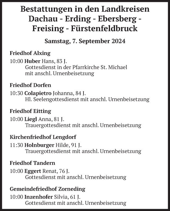 Todesanzeige von Bestattungen vom 07.09.2024 von merkurtz