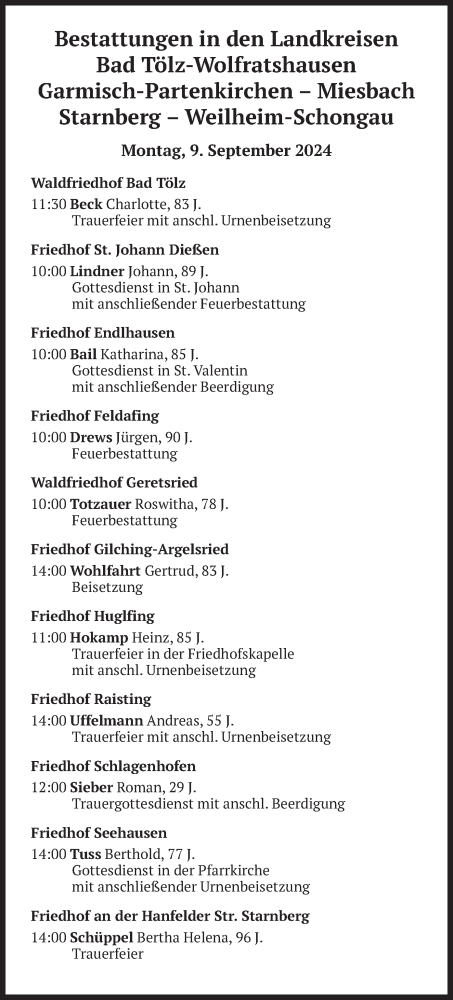 Todesanzeige von Bestattungen vom 09.09.2024 von merkurtz