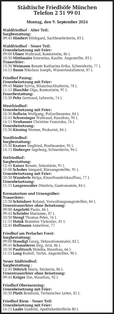Todesanzeige von Bestattungen vom 09.09.2024 von merkurtz