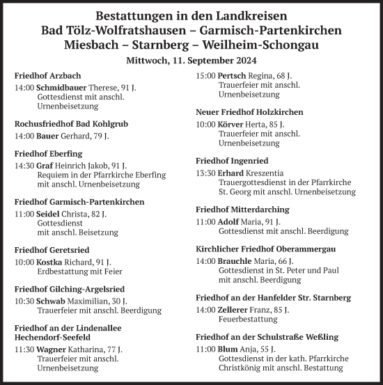 Todesanzeige von Bestattungen vom 11.09.2024 von merkurtz