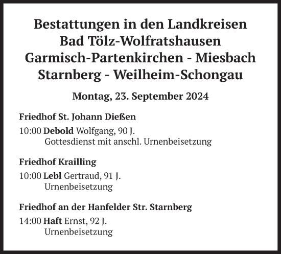 Todesanzeige von Bestattungen vom 23.09.2024 von merkurtz