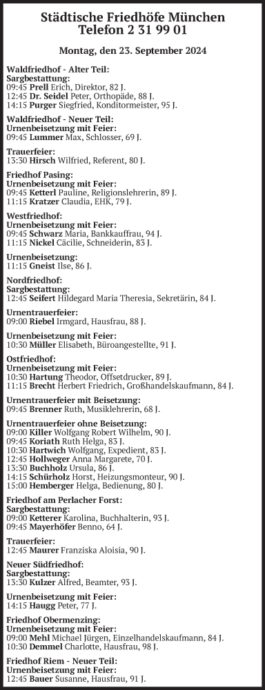 Todesanzeige von Bestattungen vom 23.09.2024 von merkurtz