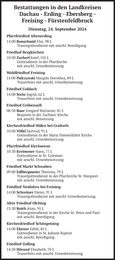 Todesanzeige von Bestattungen vom 24.09.2024 von merkurtz