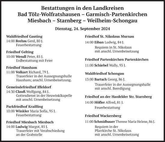Todesanzeige von Bestattungen vom 24.09.2024 von merkurtz