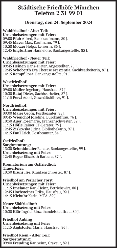 Todesanzeige von Bestattungen vom 24.09.2024 von merkurtz