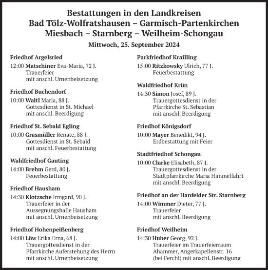 Todesanzeige von Bestattungen vom 25.09.2024 von merkurtz