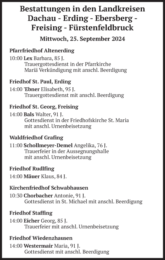 Todesanzeige von Bestattungen vom 25.09.2024 von merkurtz