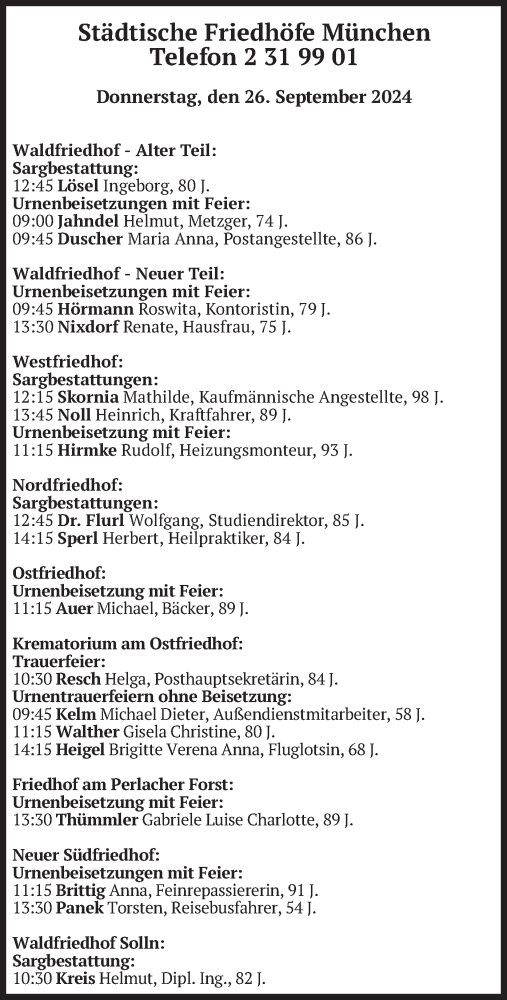 Todesanzeige von Bestattungen vom 26.09.2024 von merkurtz