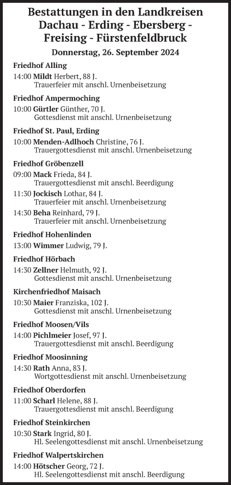 Todesanzeige von Bestattungen vom 26.09.2024 von merkurtz