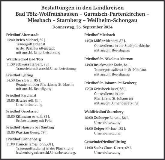 Todesanzeige von Bestattungen vom 26.09.2024 von merkurtz