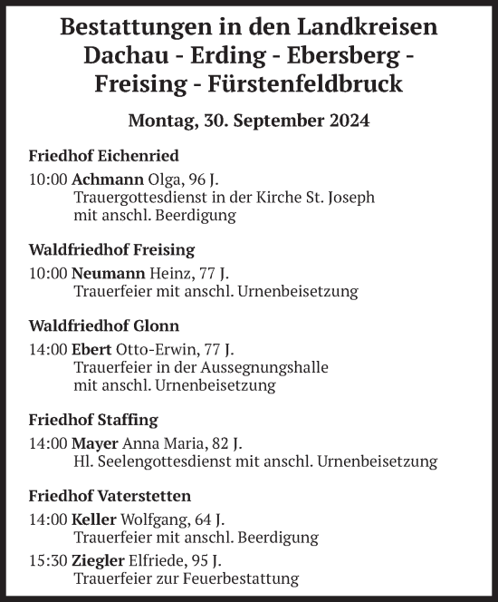 Todesanzeige von Bestattungen vom 30.09.2024 von merkurtz