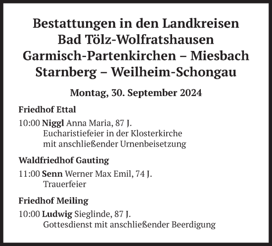 Todesanzeige von Bestattungen vom 30.09.2024 von merkurtz