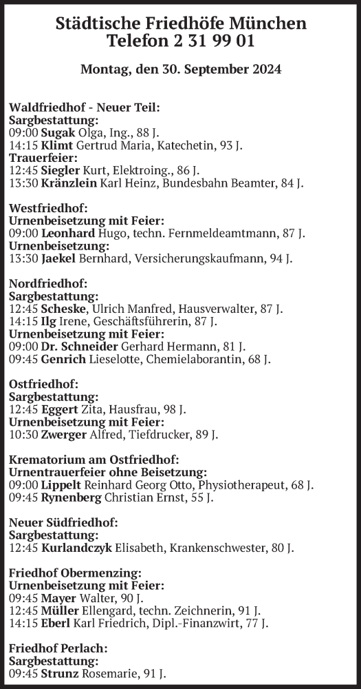Todesanzeige von Bestattungen vom 30.09.2024 von merkurtz