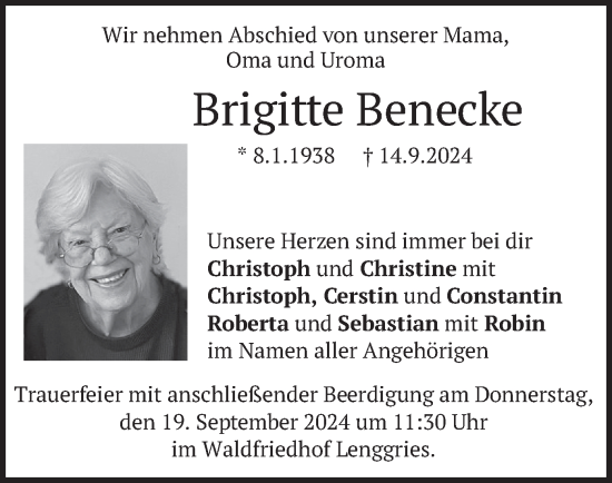 Todesanzeige von Brigitte Benecke von merkurtz